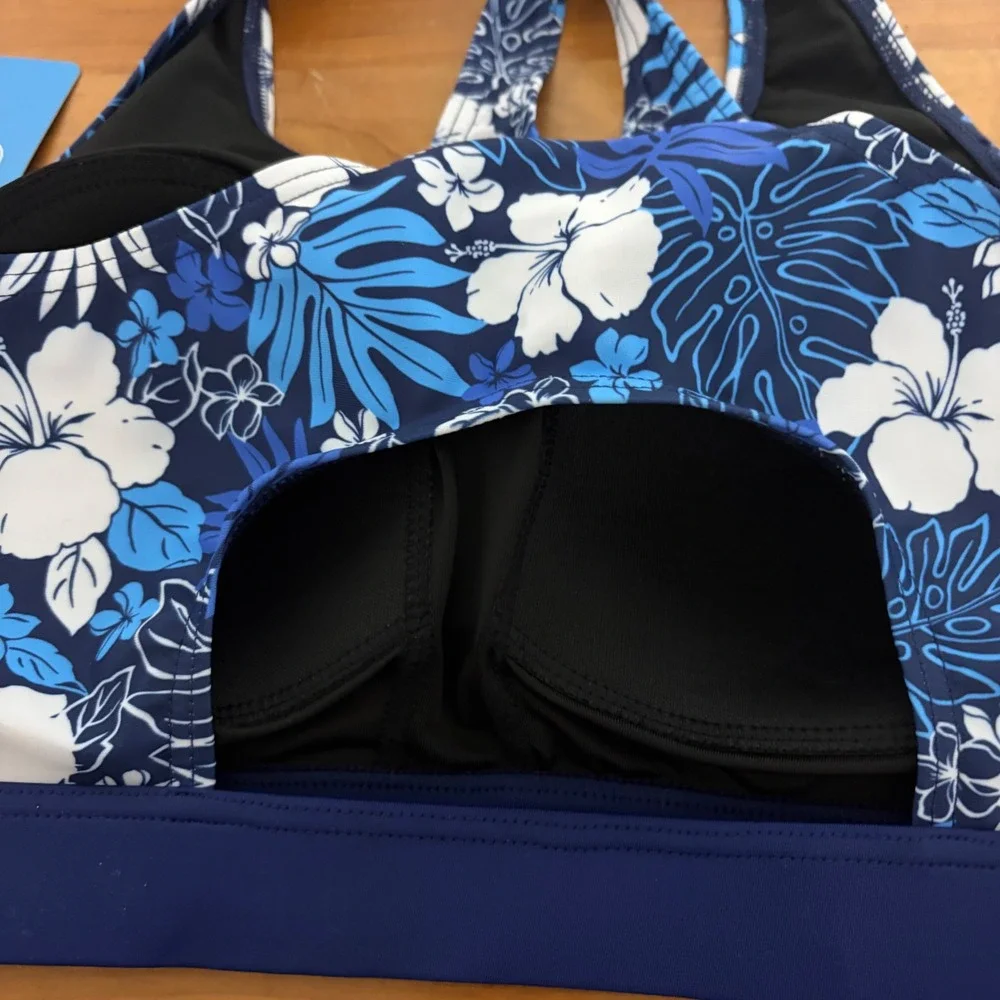 Halcurt Womens Blue White Tropical Floral Racerback Tankini Swim Top XL NWT